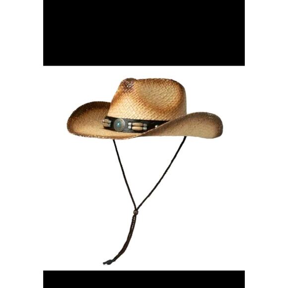 Western Style Round Cowboy Straw Hat Ladies Fedora Chin Cord XL Turquoise Gem - Picture 3 of 6